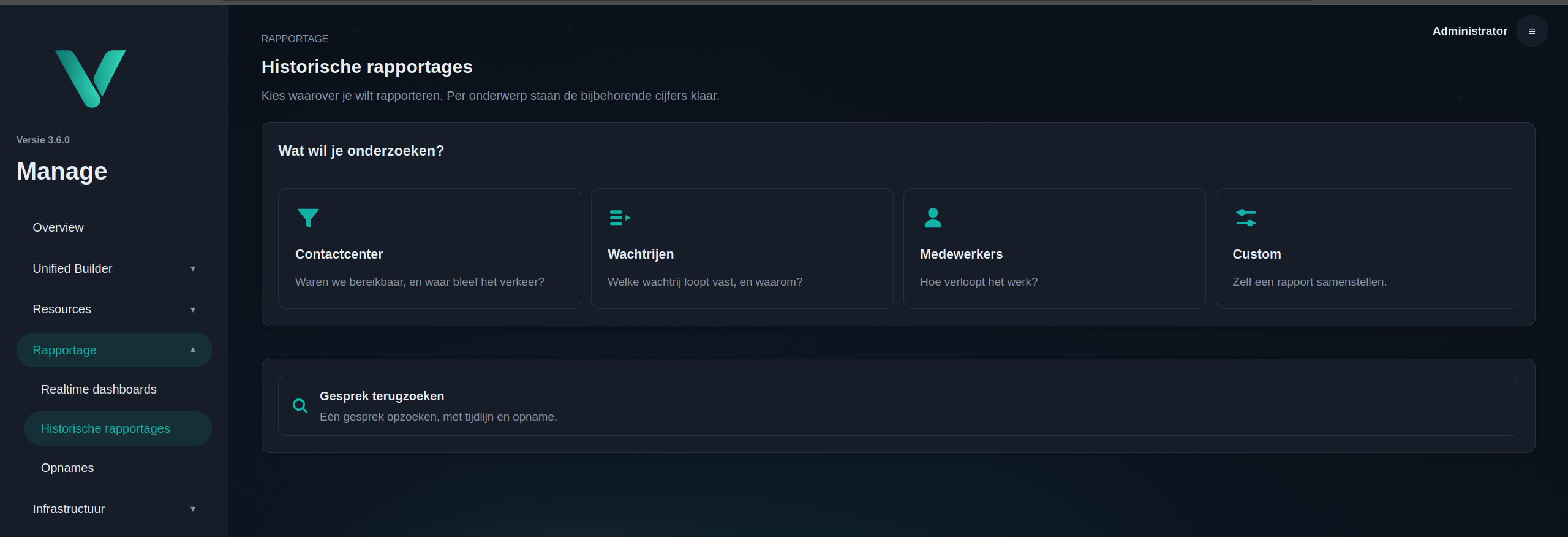 De rapportagepagina in Velio met vier onderwerpen: contactcenter, wachtrijen, medewerkers en custom, plus een ingang om één gesprek terug te zoeken.