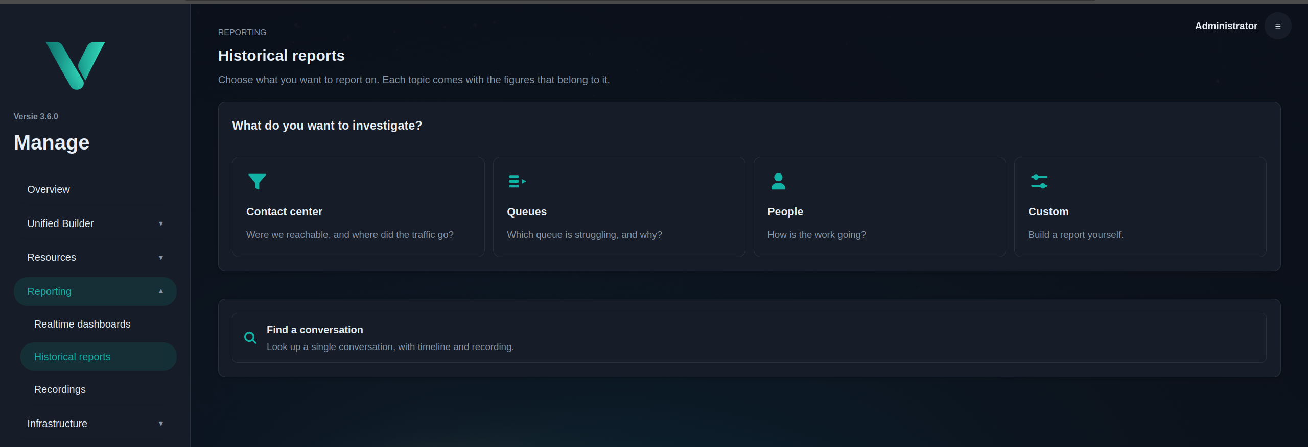 The reporting page in Velio with four topics: contact center, queues, people and custom, plus an entry point to look up a single conversation.